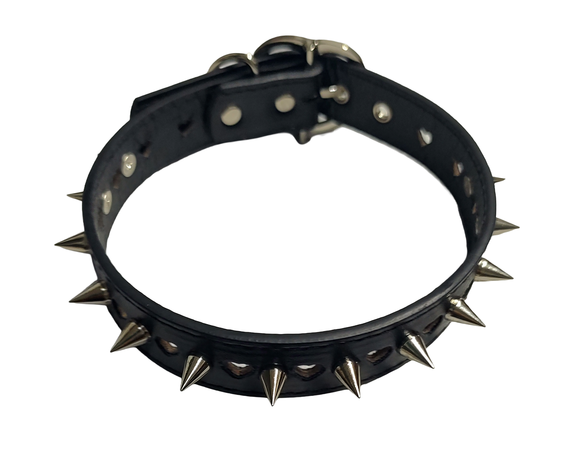 Black faux leather collar with heart cutouts and spikes top view