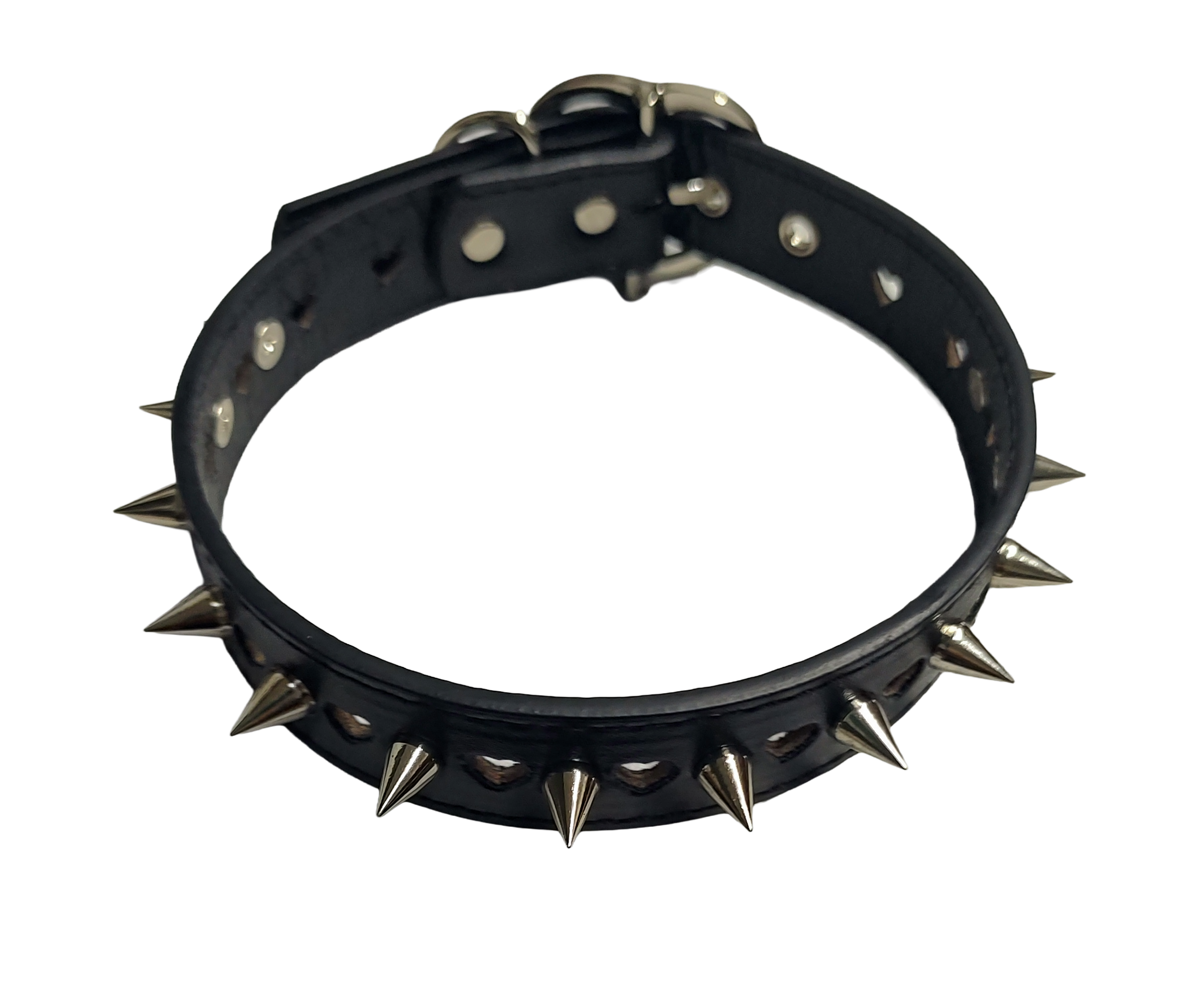 Black faux leather collar with heart cutouts and spikes top view