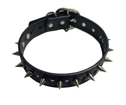 Black faux leather collar with heart cutouts and spikes top view