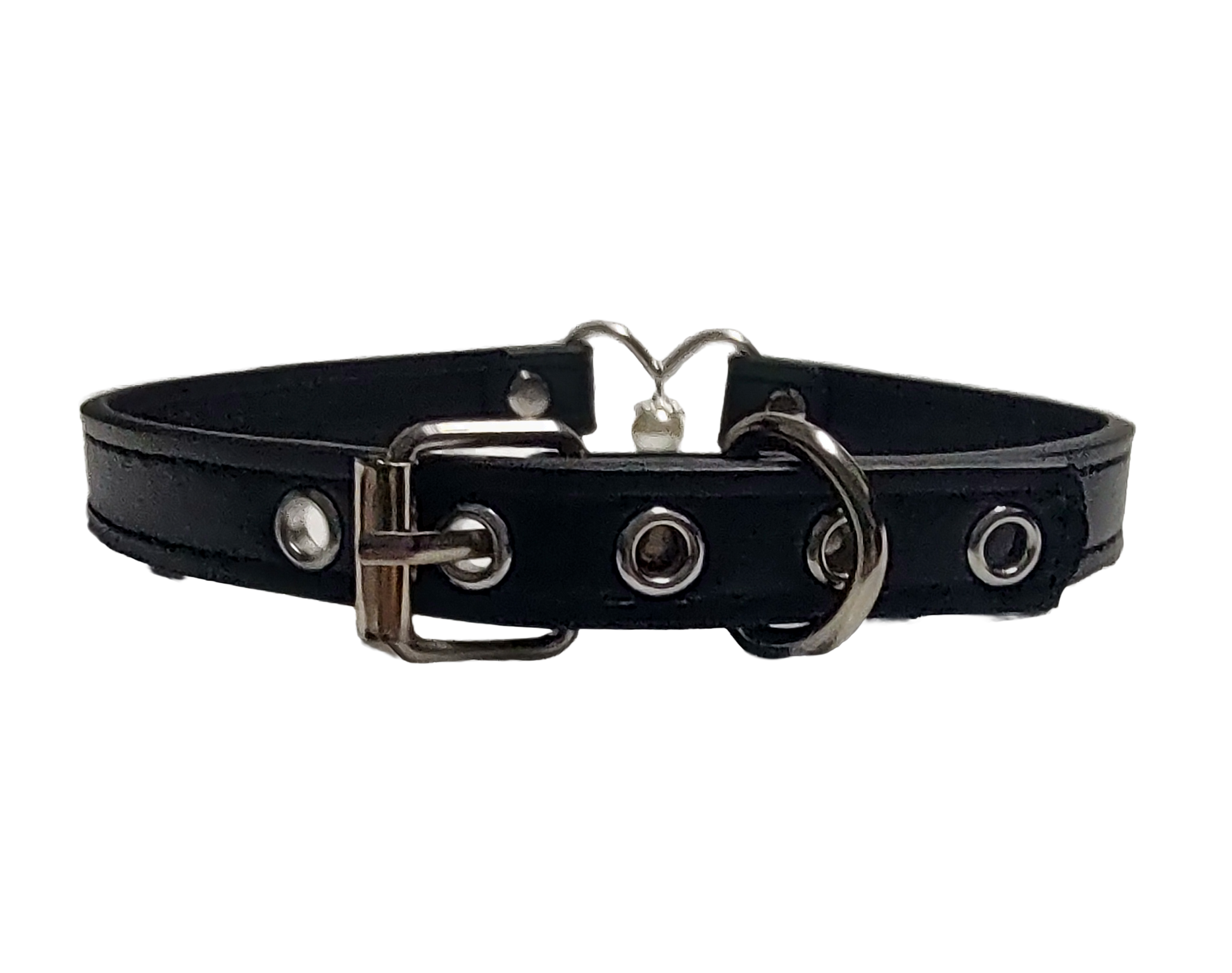 Black faux leather collar with heart ring and pearl back view