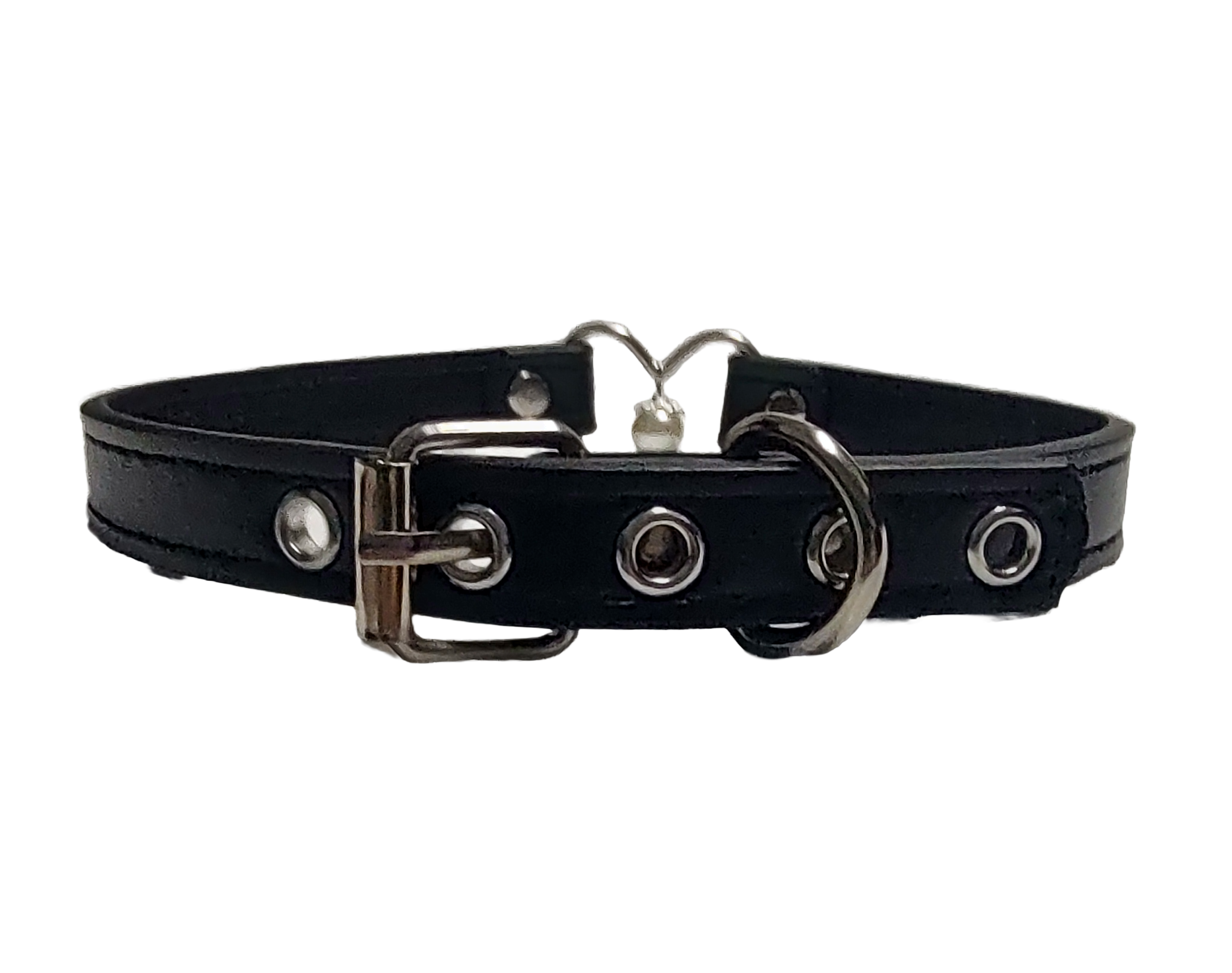 Black faux leather collar with heart ring and pearl back view