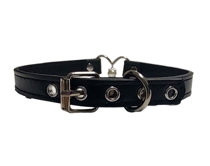 Black faux leather collar with heart ring and pearl back view