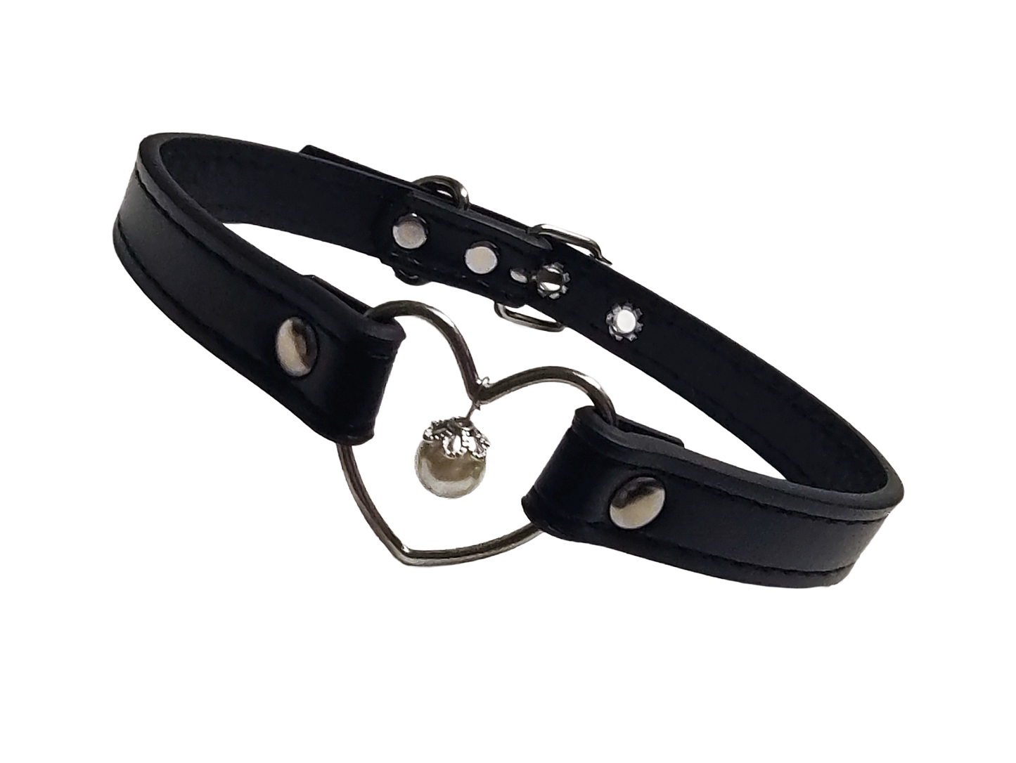 Black faux leather collar with heart ring and pearl front view
