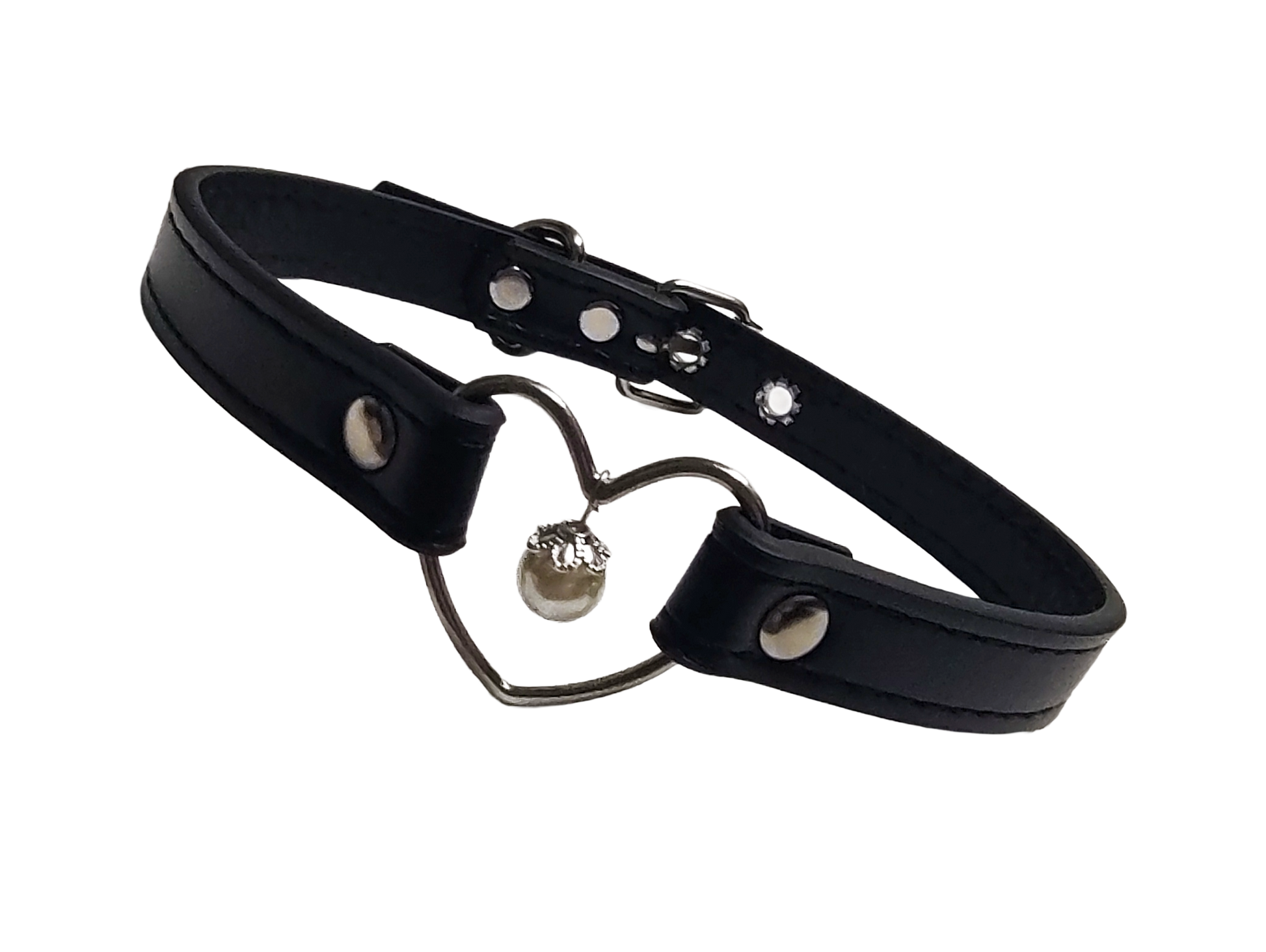 Black faux leather collar with heart ring and pearl front view