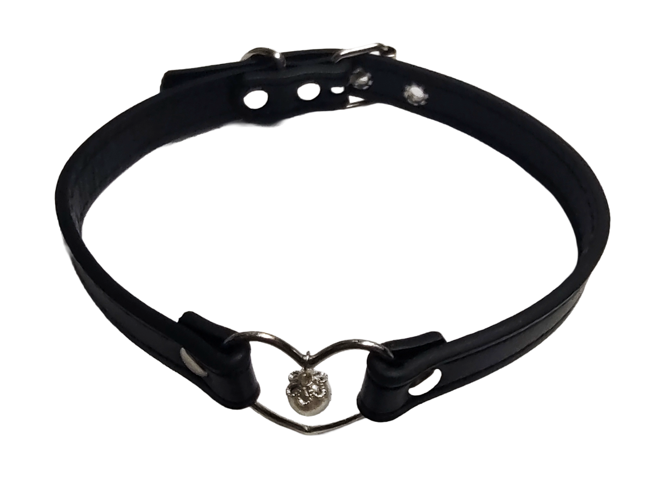 Black faux leather collar with heart ring and pearl top view