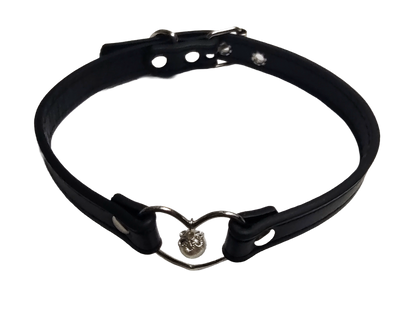 Black faux leather collar with heart ring and pearl top view