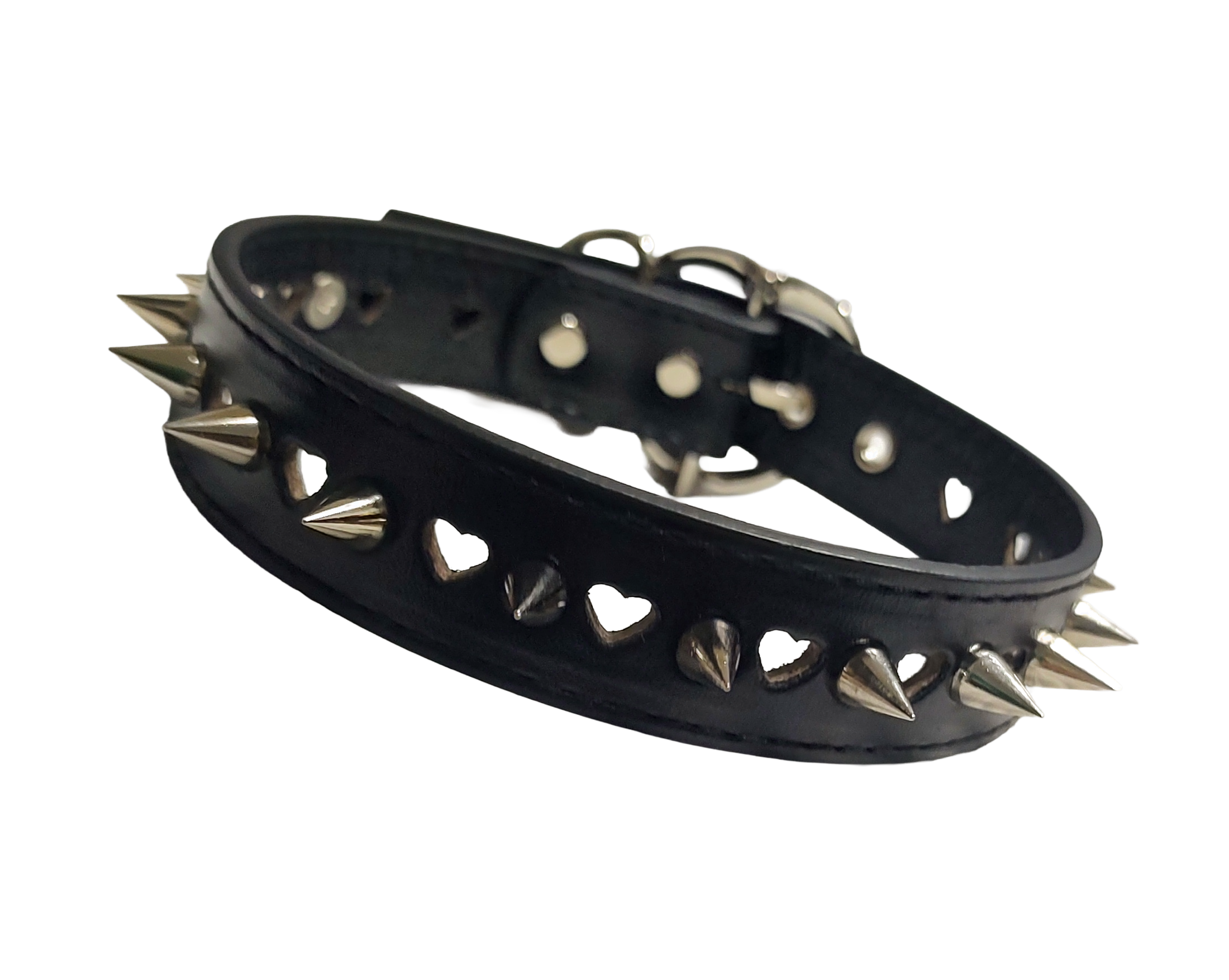 Black faux leather collar with heart cutouts and spikes front view