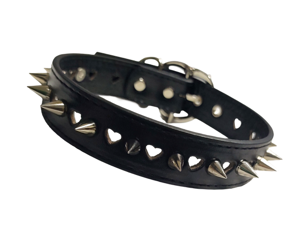Black faux leather collar with heart cutouts and spikes front view