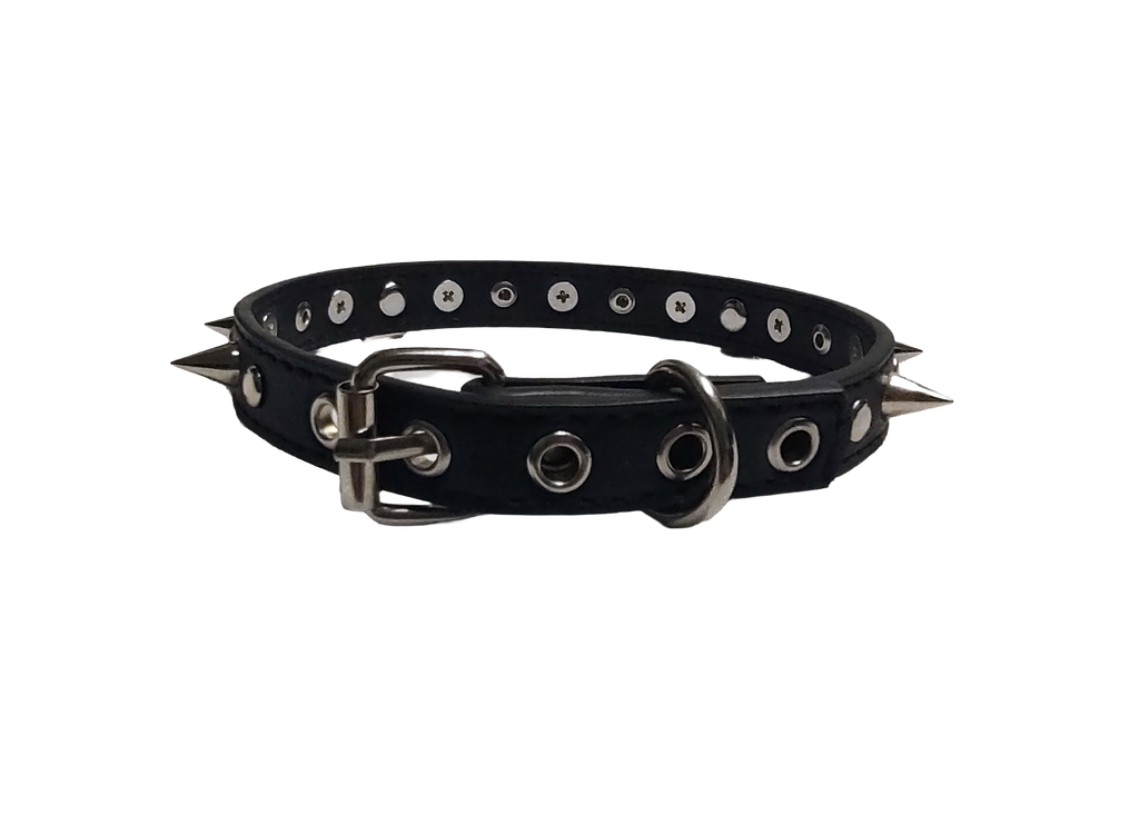 Black faux leather collar with rivets spikes and center heart chain back view