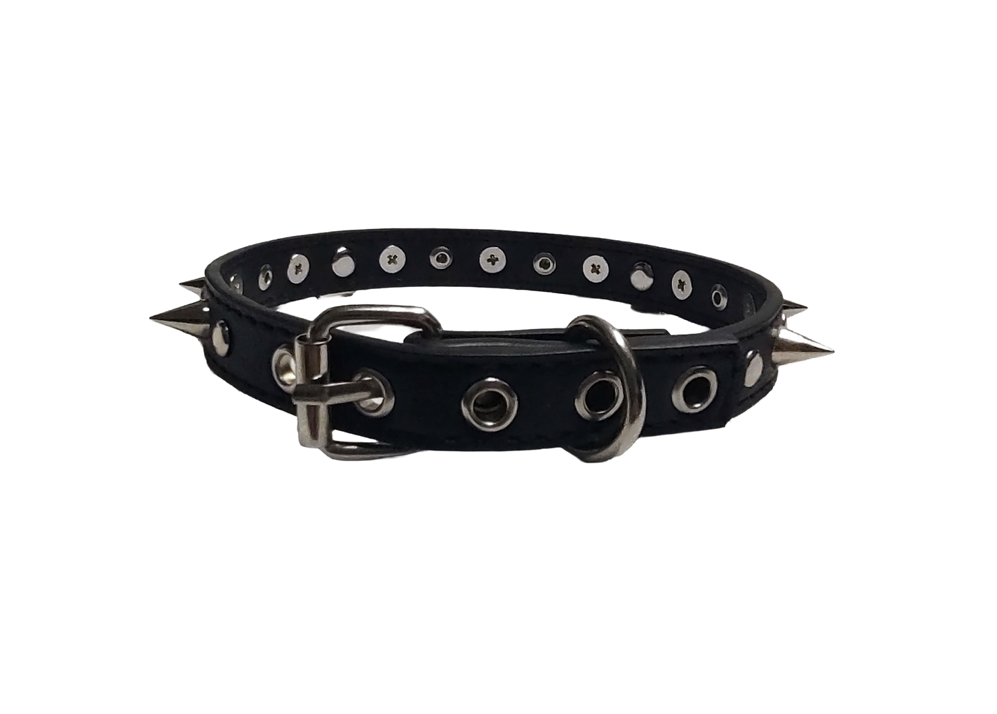 Black faux leather collar with rivets spikes and center heart chain back view