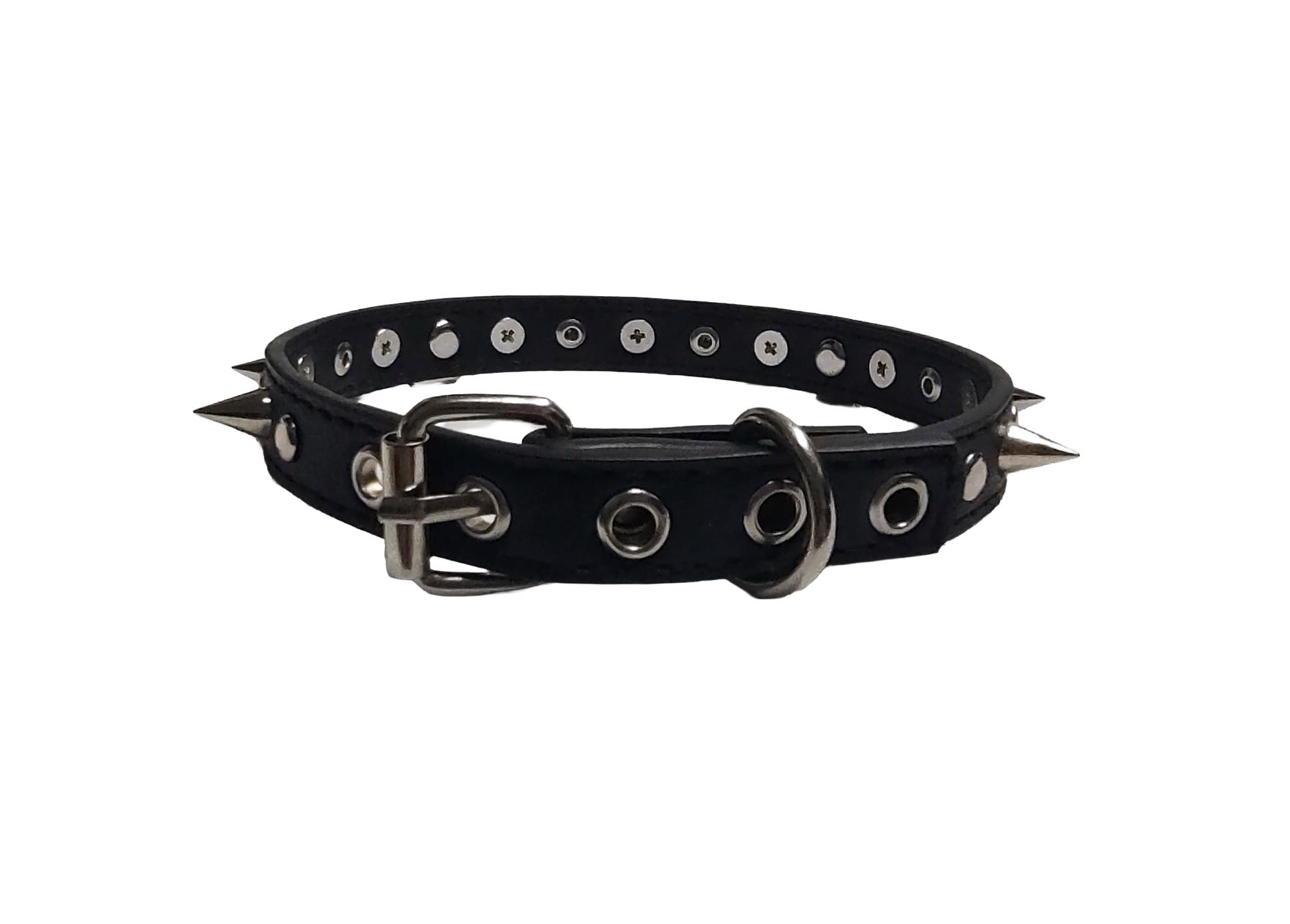 Black faux leather collar with rivets spikes and center heart chain back view