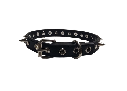 Black faux leather collar with rivets spikes and center heart chain back view