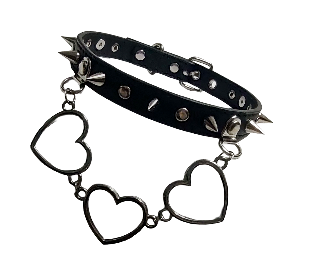 Black faux leather collar with rivets spikes and center heart chain front view