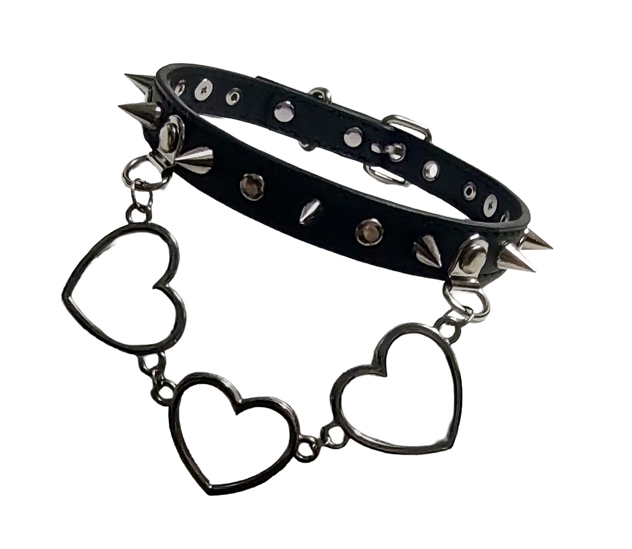 Black faux leather collar with rivets spikes and center heart chain front view
