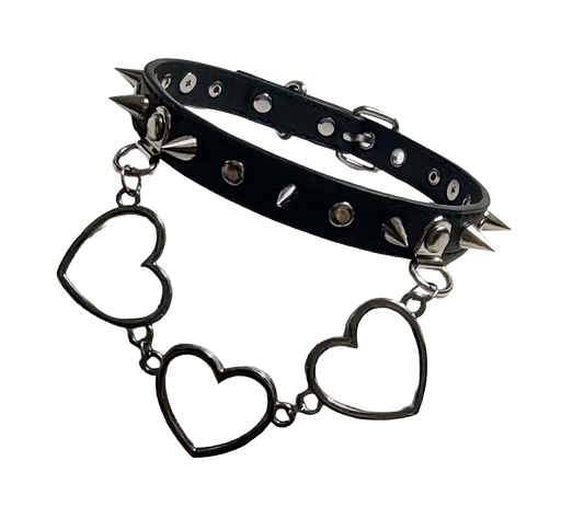 Black faux leather collar with rivets spikes and center heart chain front view