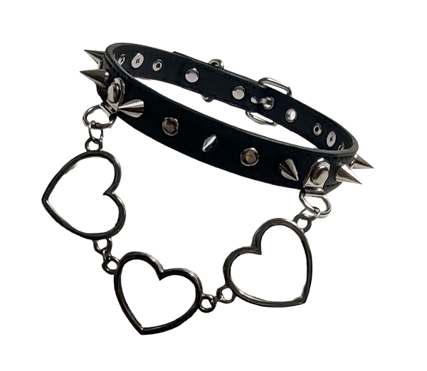 Black faux leather collar with rivets spikes and center heart chain front view