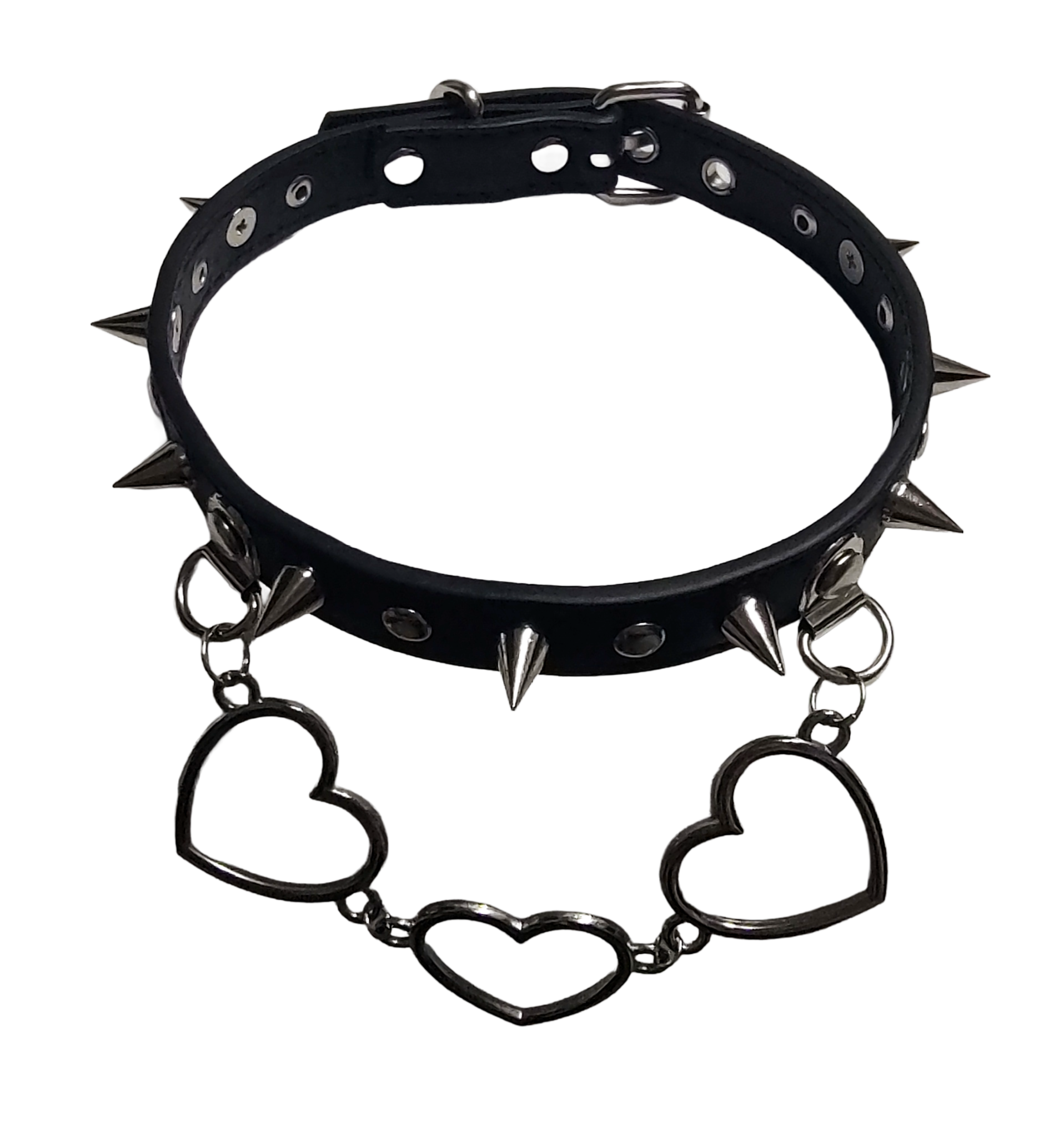 Black faux leather collar with rivets spikes and center heart chain top view
