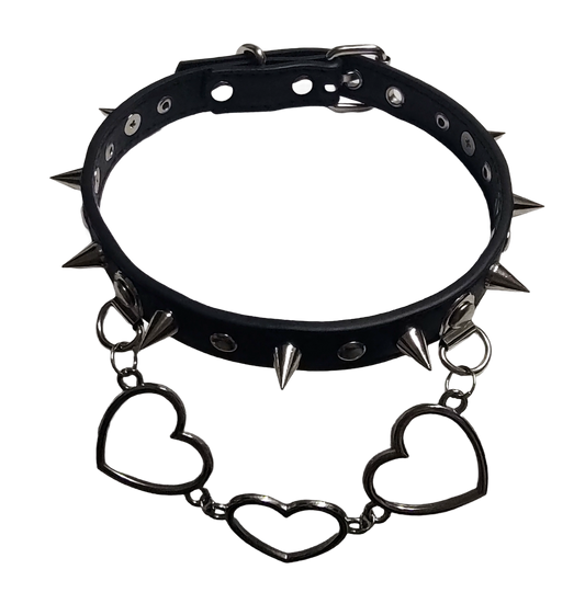 Black faux leather collar with rivets spikes and center heart chain top view
