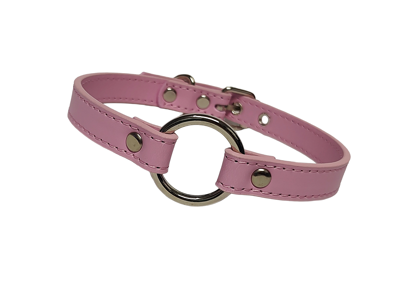 Pink faux leather collar with o-ring front view