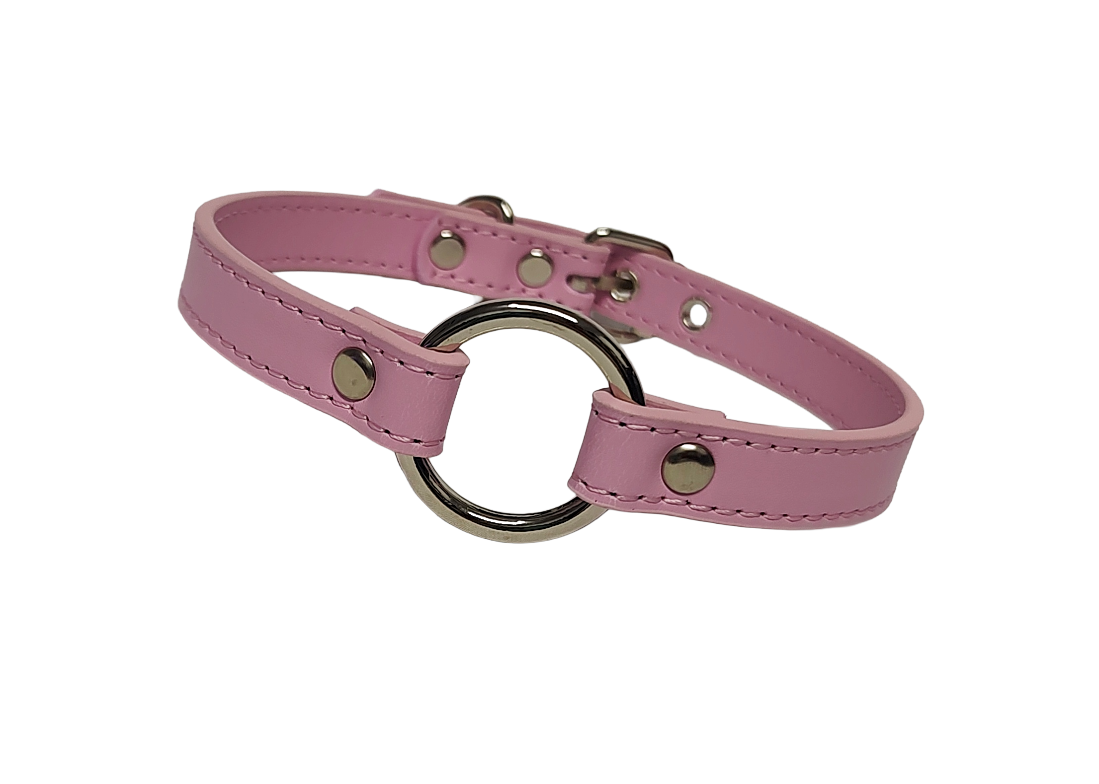 Pink faux leather collar with o-ring front view