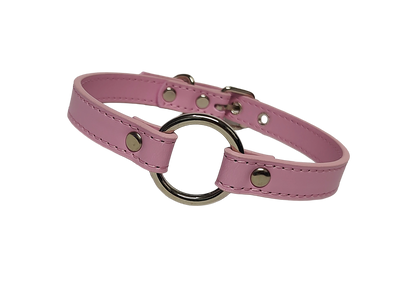 Pink faux leather collar with o-ring front view