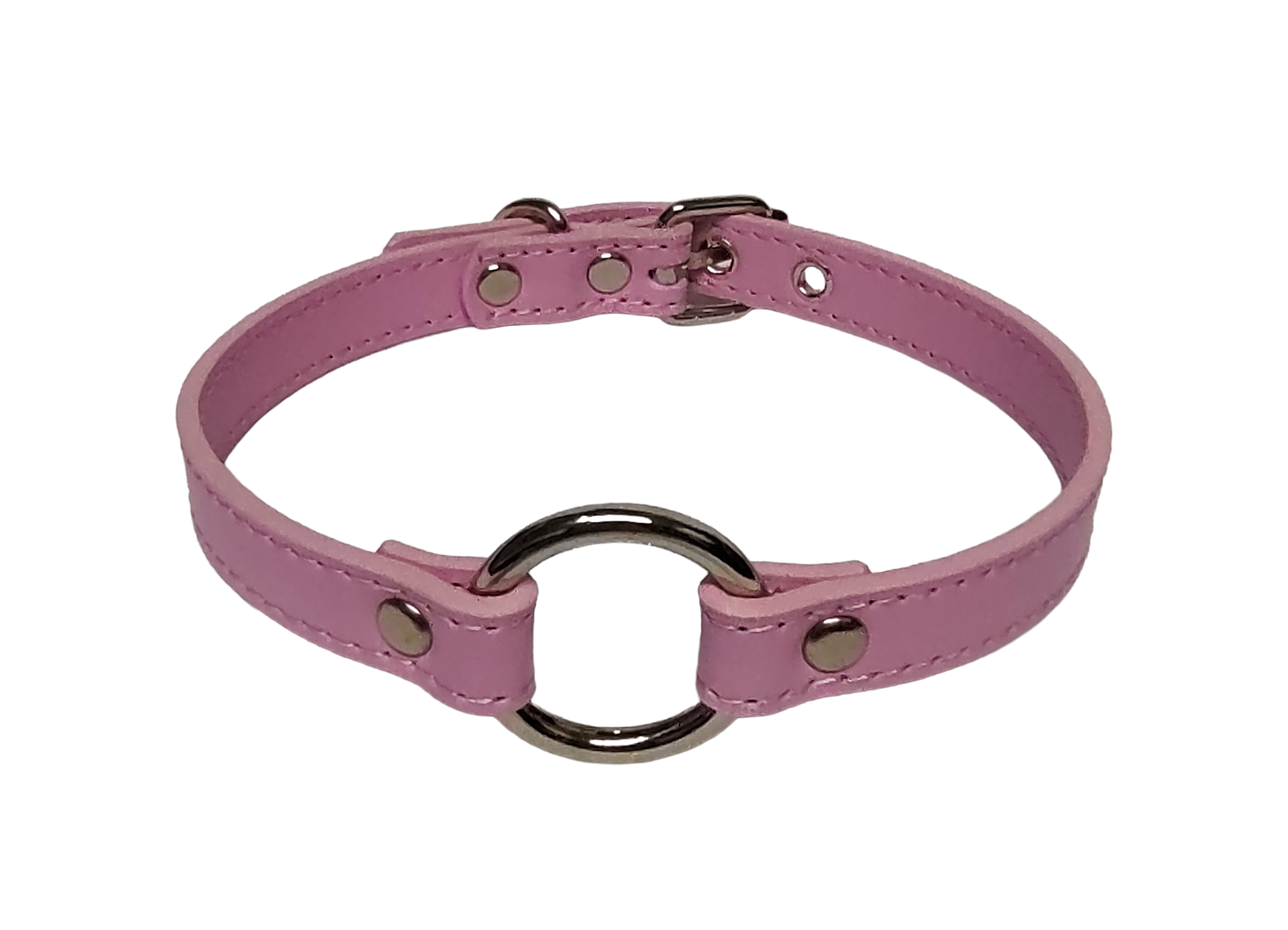 Pink faux leather collar with o-ring top view
