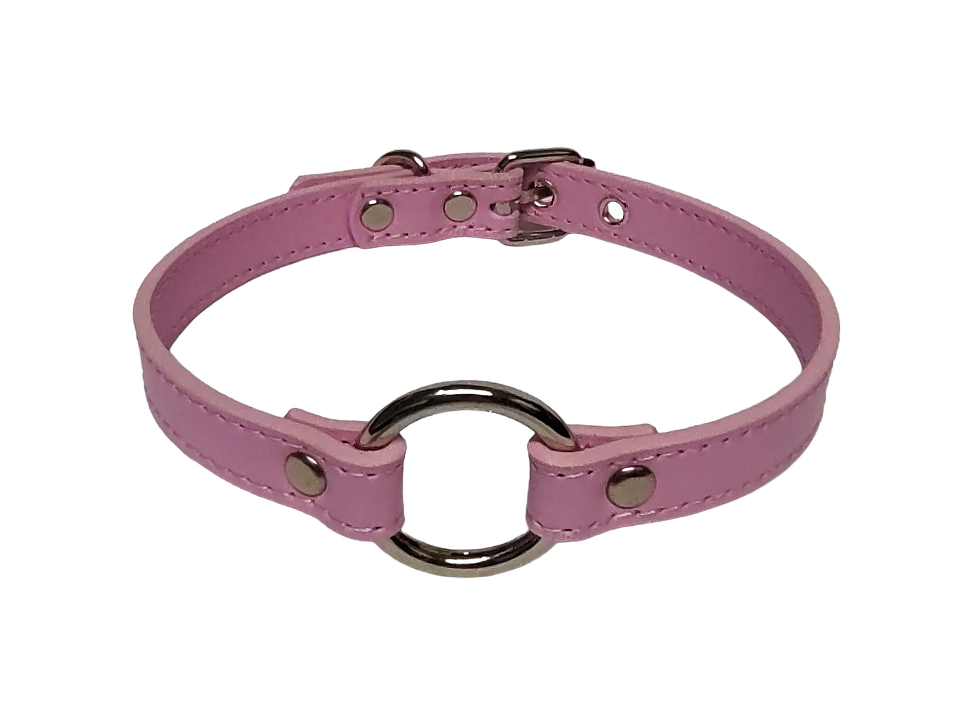 Pink faux leather collar with o-ring top view