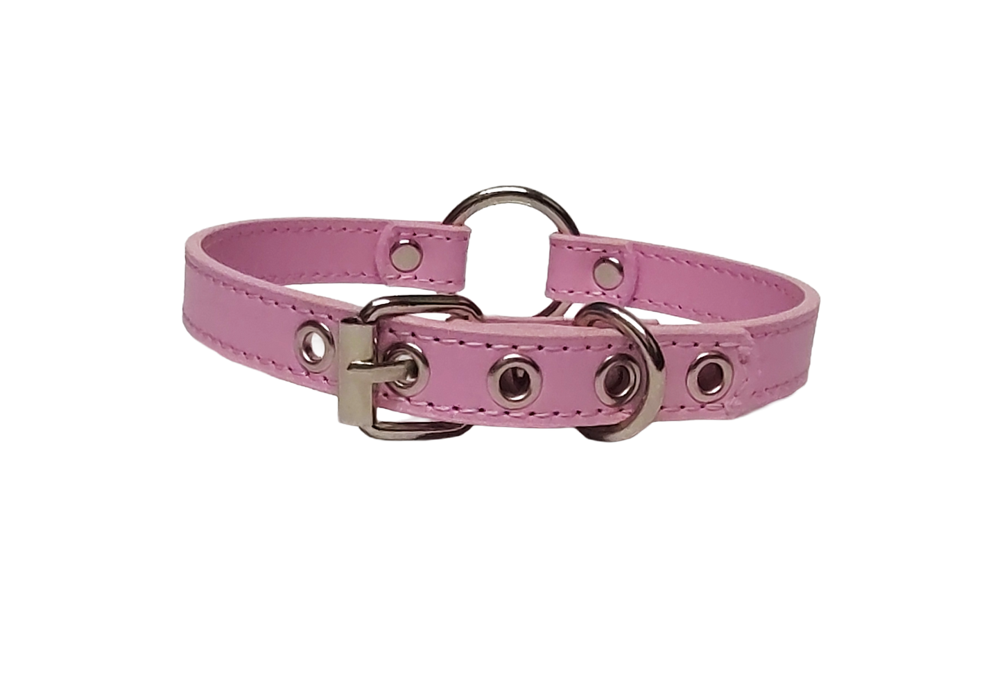 Pink faux leather collar with o-ring back view
