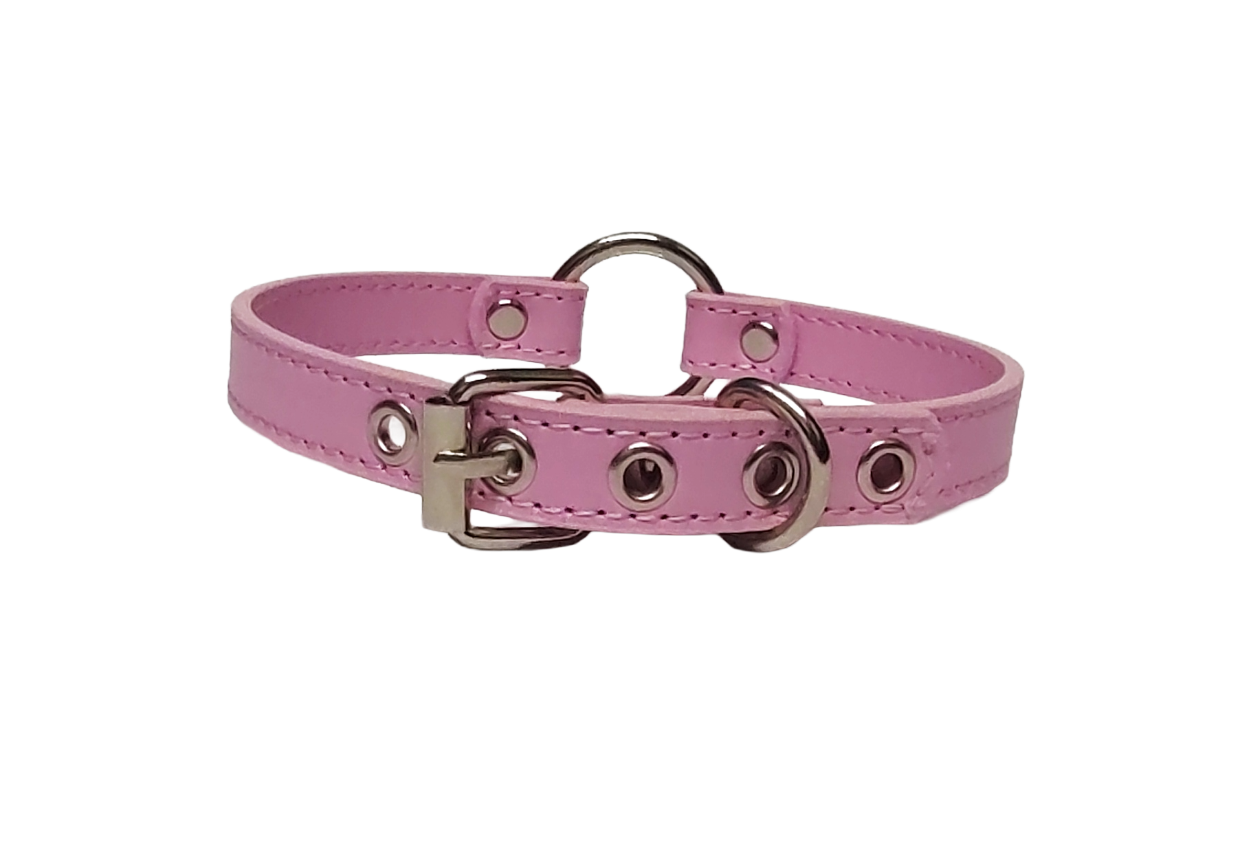 Pink faux leather collar with o-ring back view
