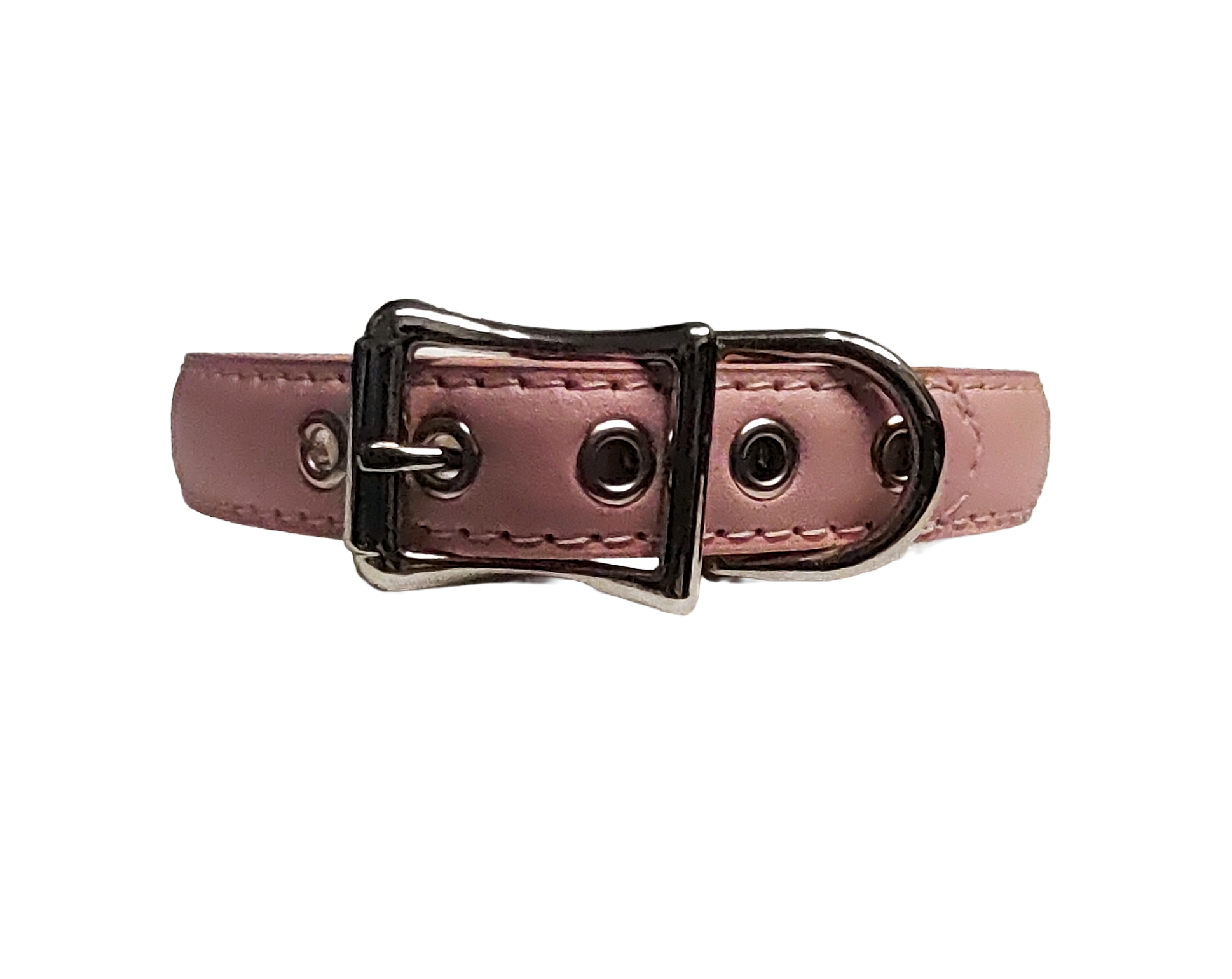 Pink faux leather collar with KITTEN letter studs and hanging bell back view