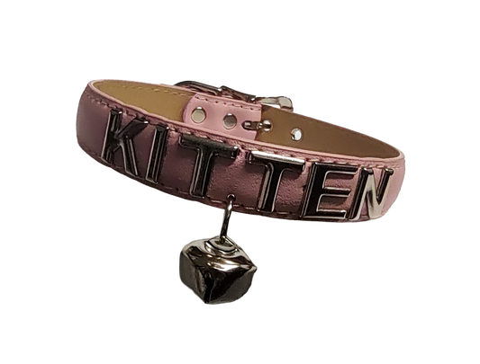 Pink faux leather collar with KITTEN letter studs and hanging bell front view
