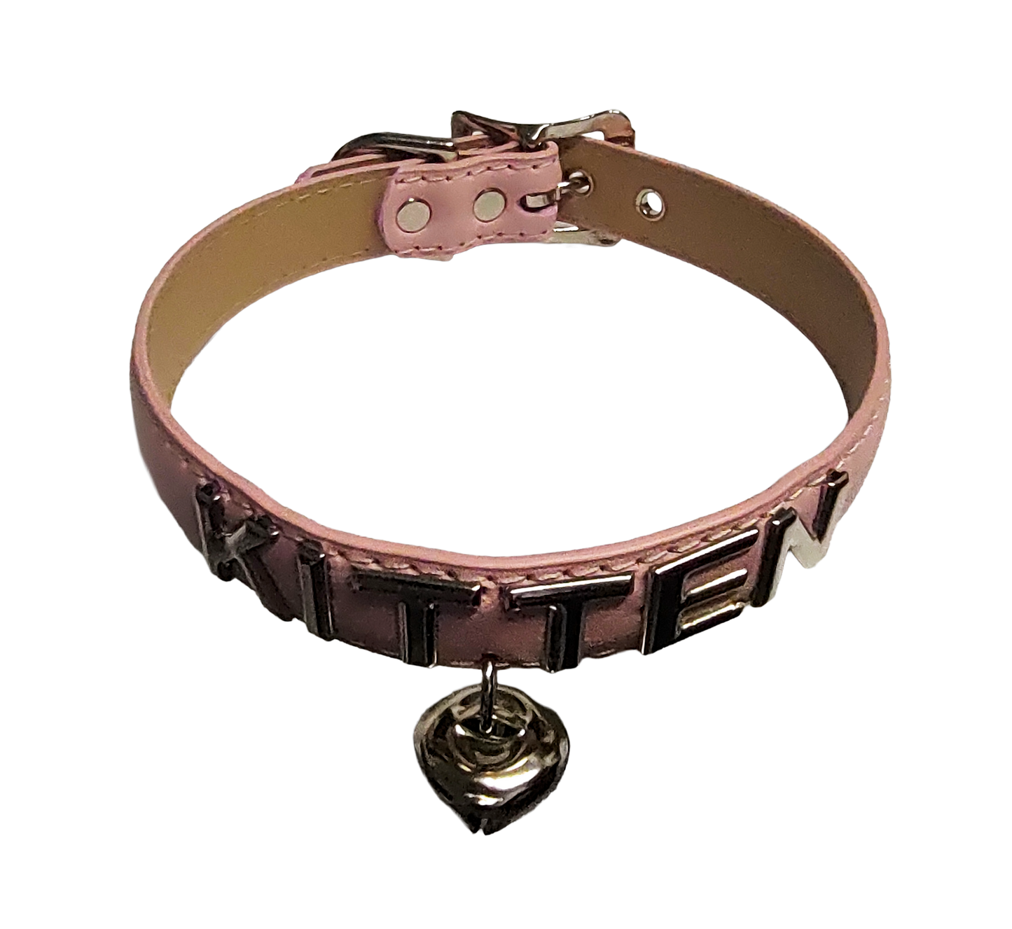 Pink faux leather collar with KITTEN letter studs and hanging bell top view