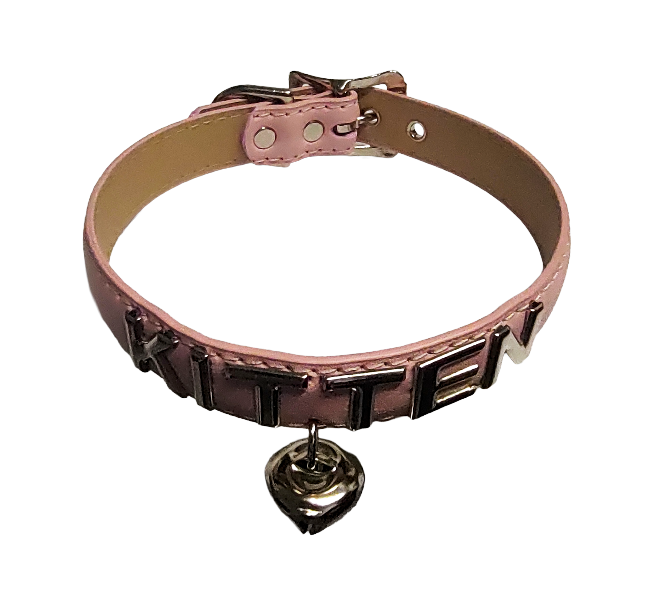 Pink faux leather collar with KITTEN letter studs and hanging bell top view