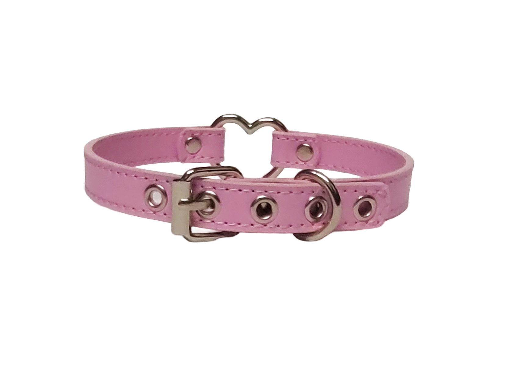 Pink faux leather collar with heart ring back view