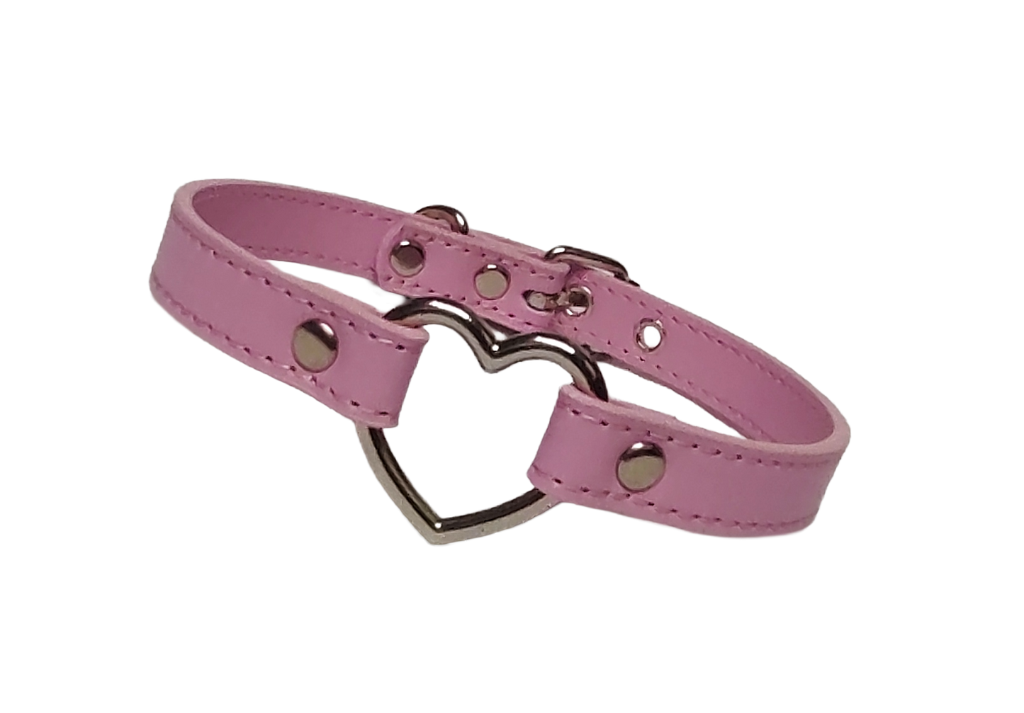 Pink faux leather collar with heart ring front view