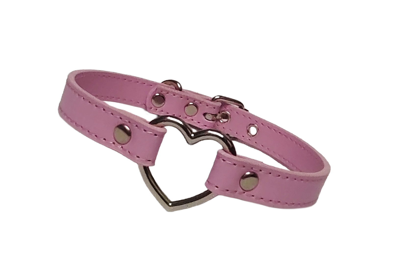 Pink faux leather collar with heart ring front view