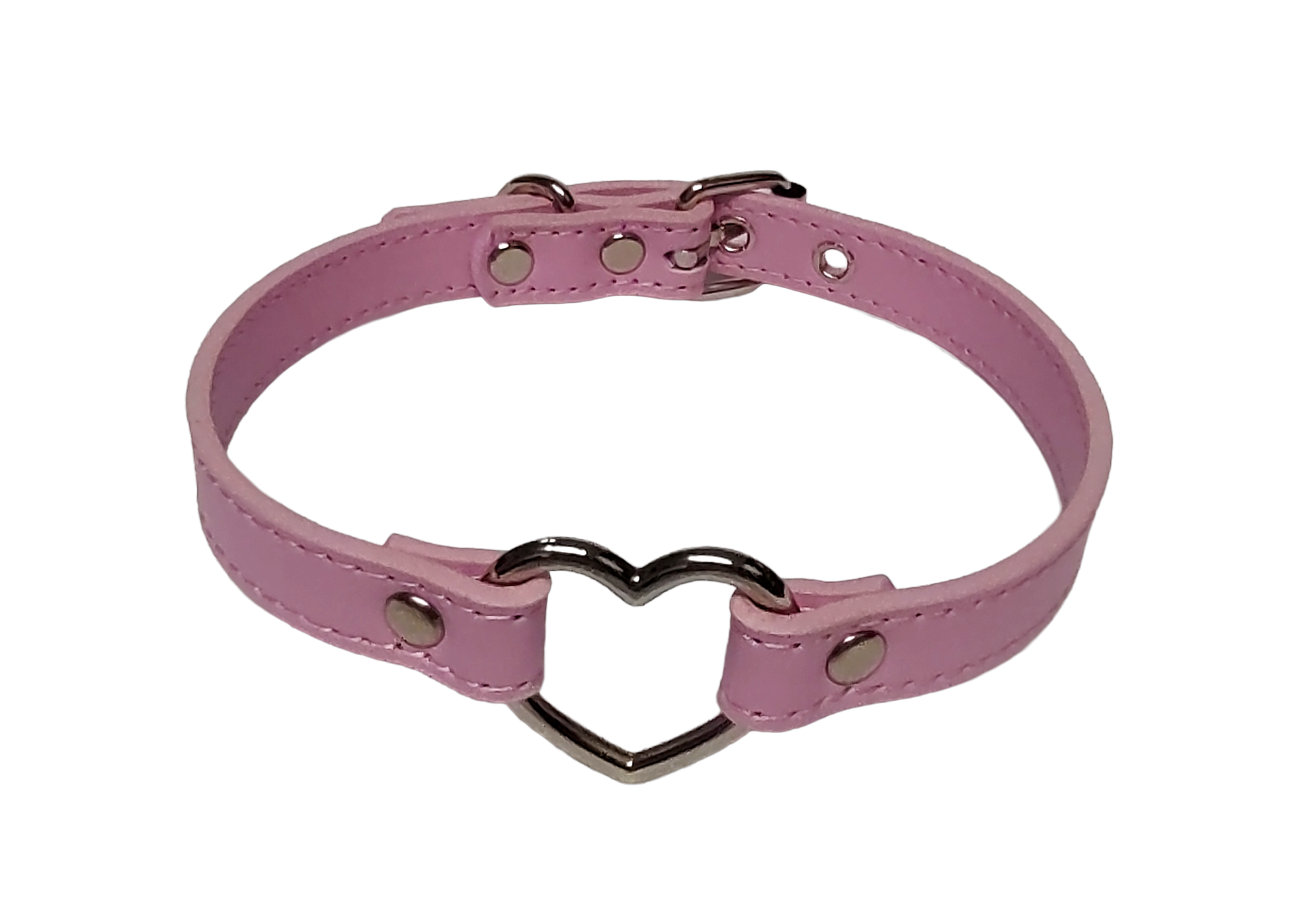 Pink faux leather collar with heart ring top view