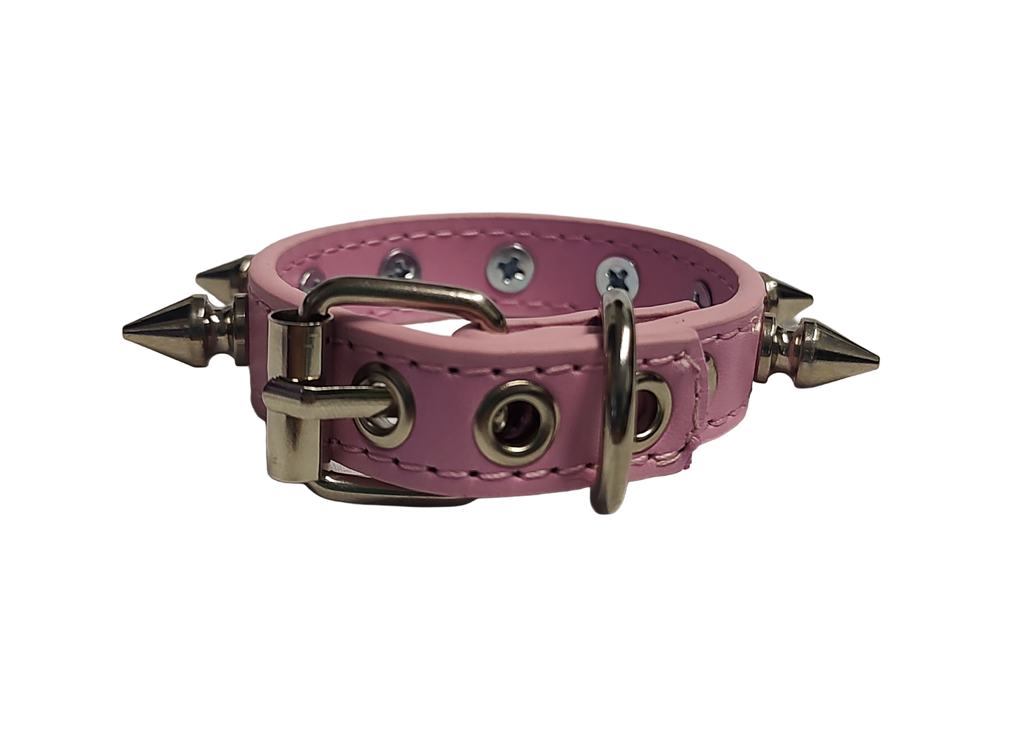 Pink faux leather spiked cuff bracelet back view