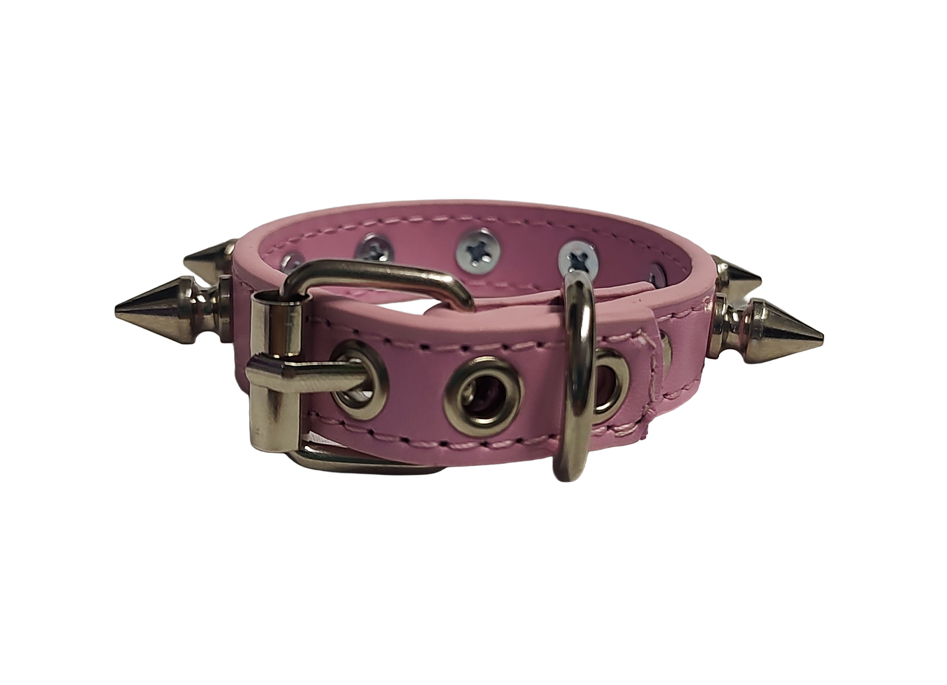 Pink faux leather spiked cuff bracelet back view