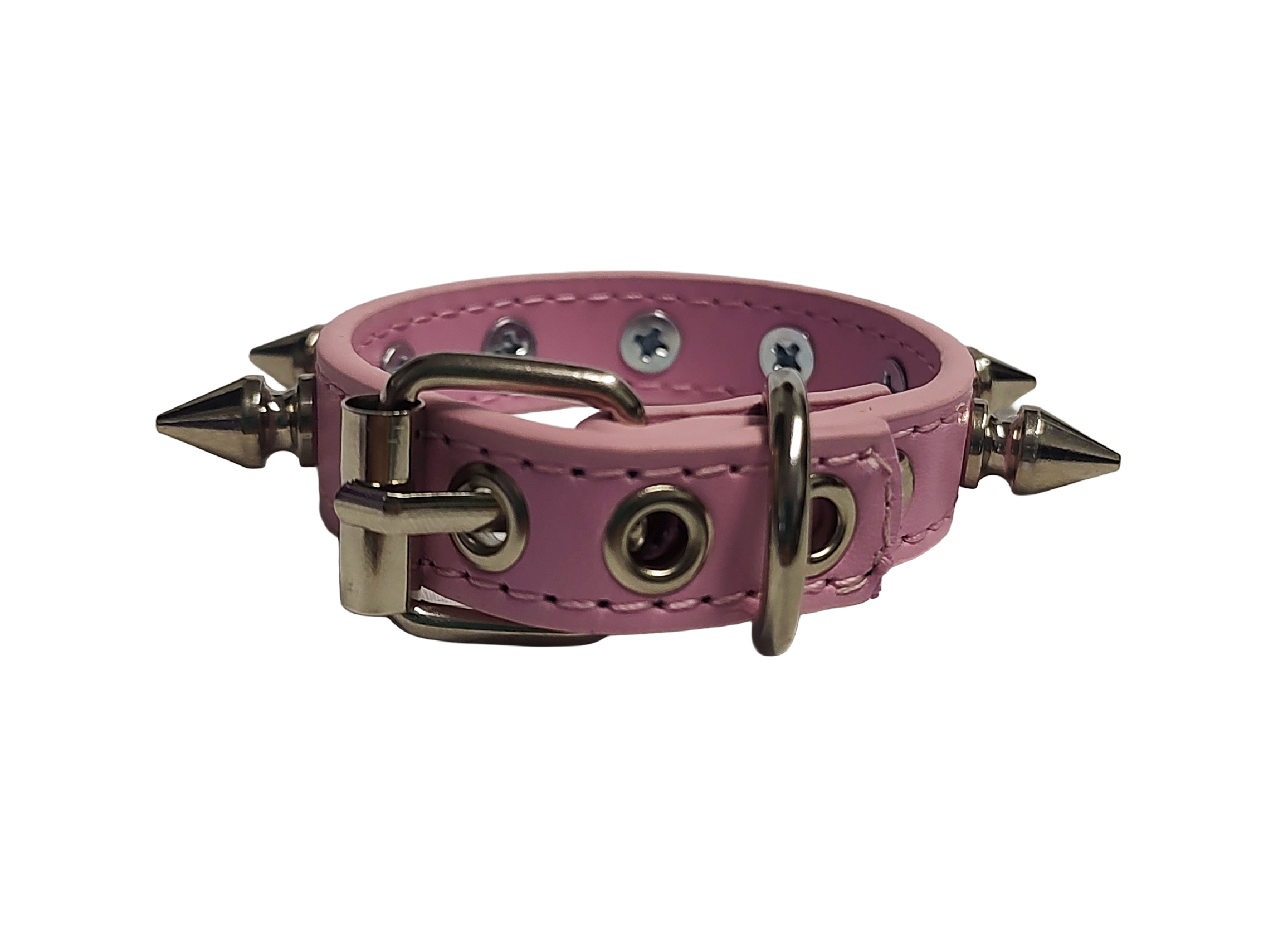 Pink faux leather spiked cuff bracelet back view