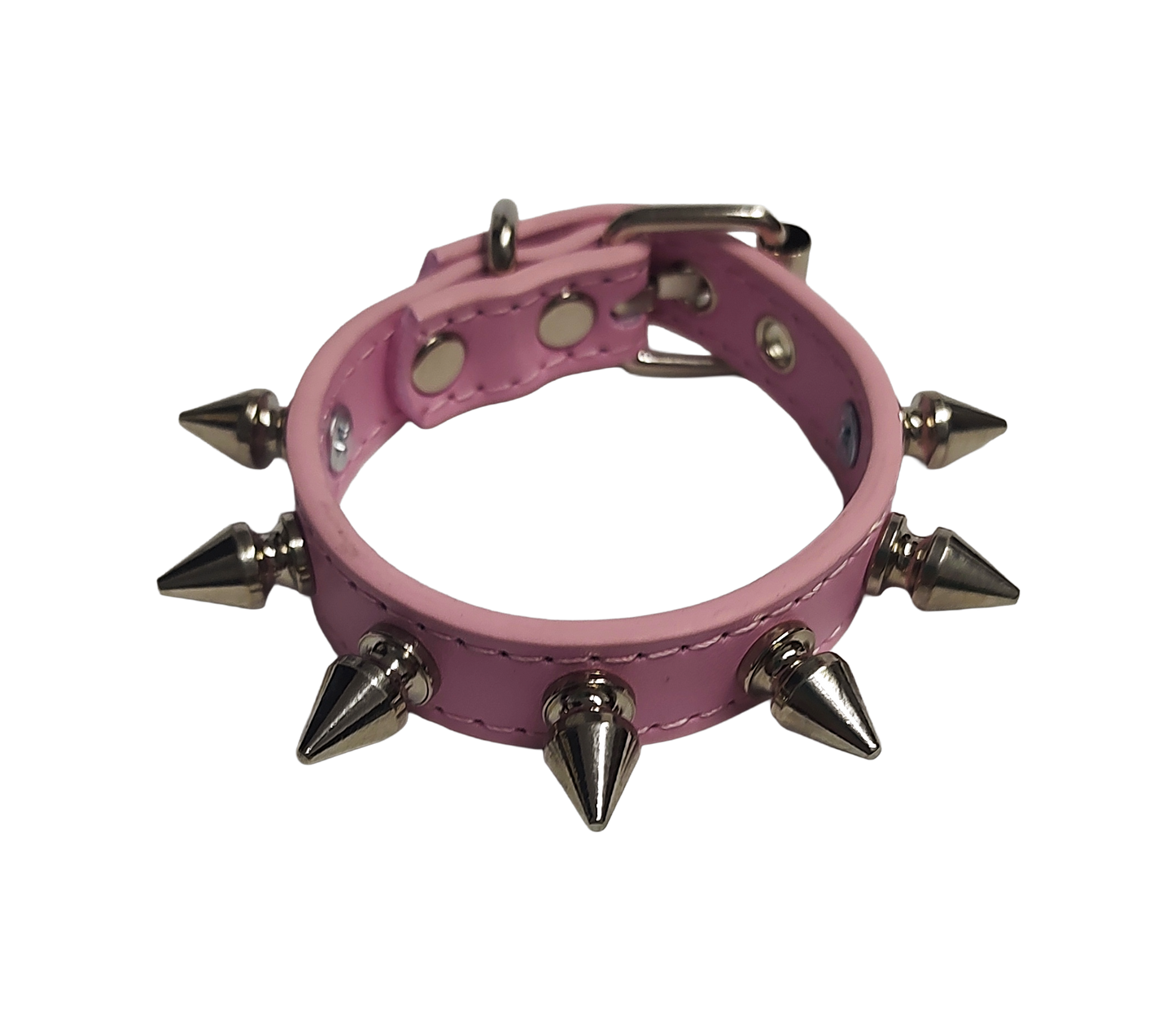Pink faux leather spiked cuff bracelet top view