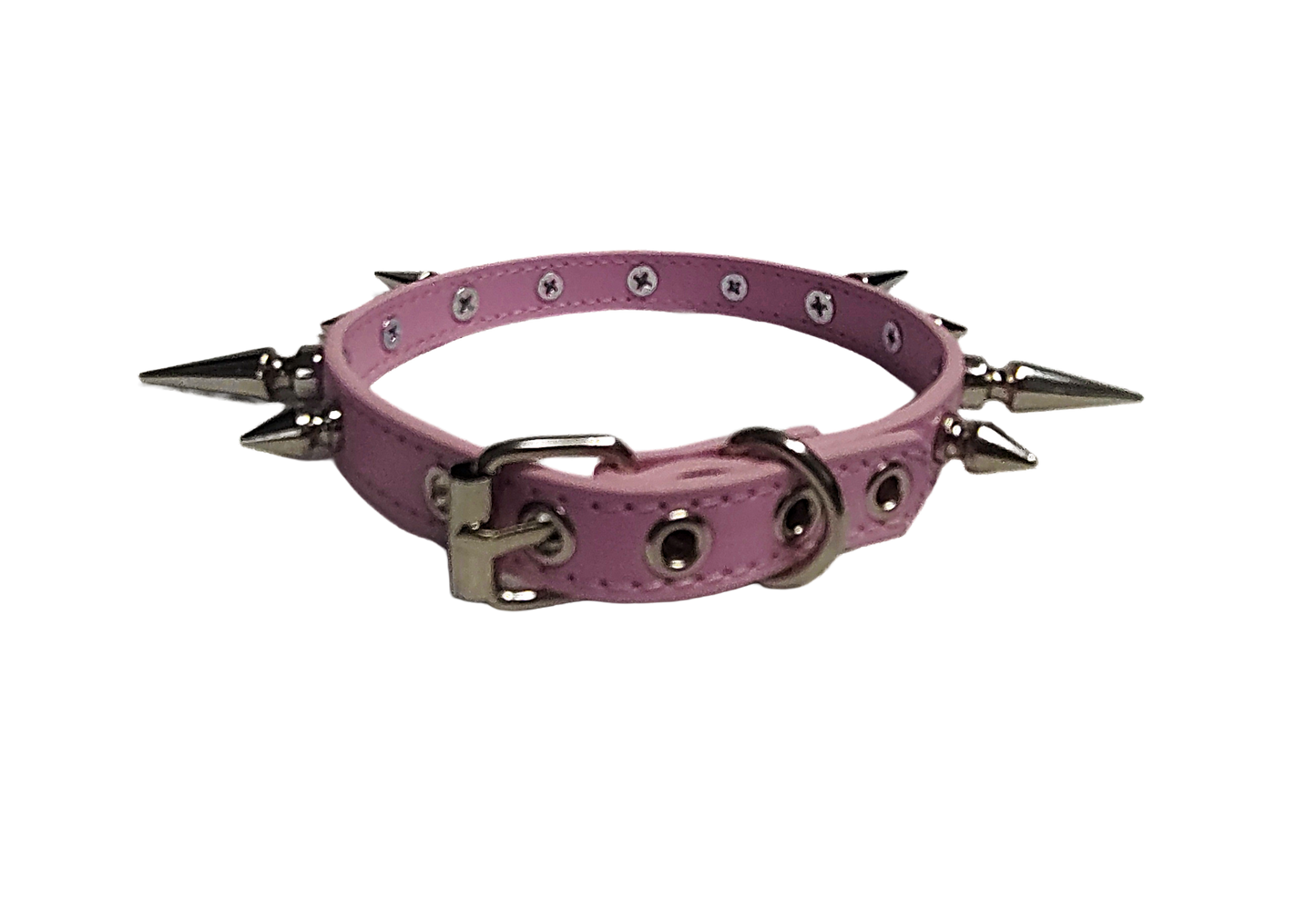Pink faux leather spiked collar with alternating spikes  back view