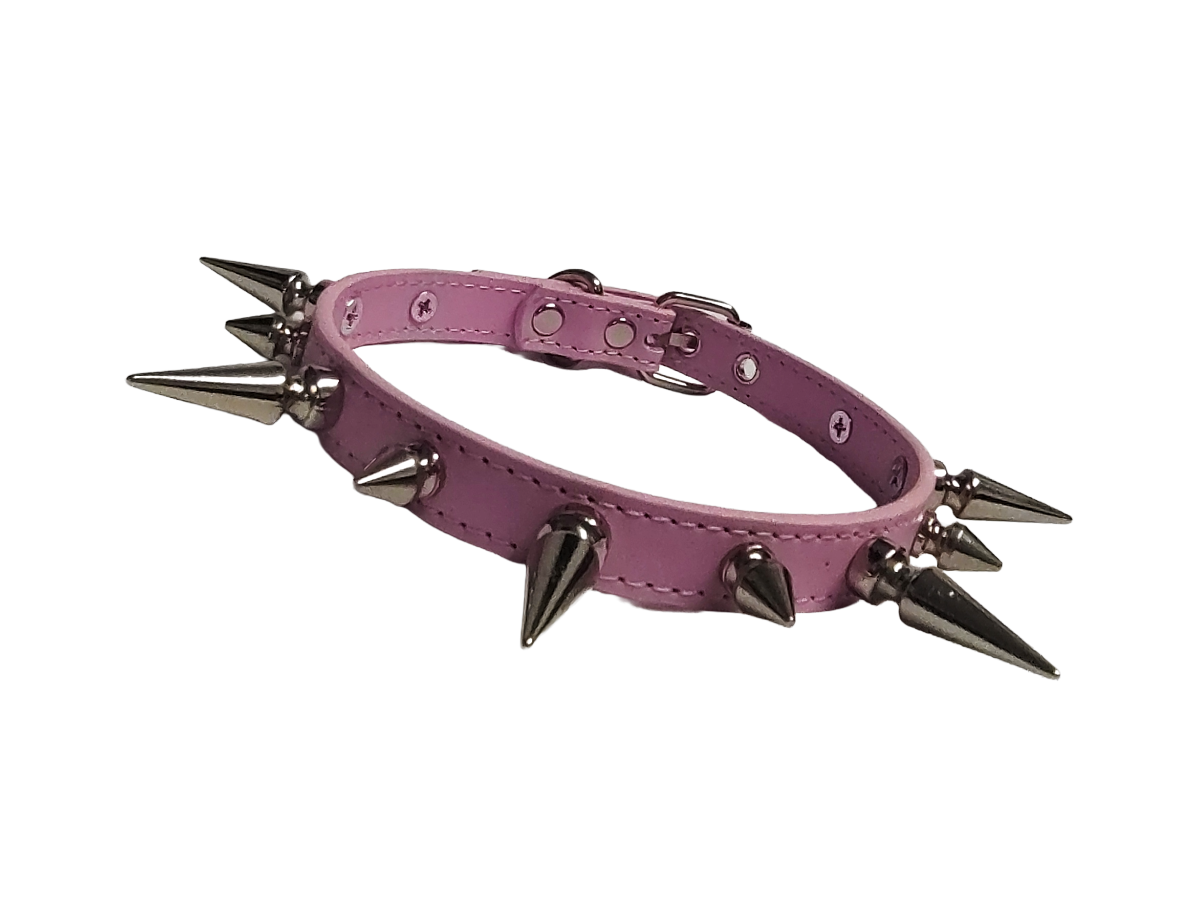 Pink faux leather spiked collar with alternating spikes front view