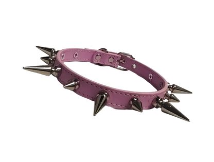 Pink faux leather spiked collar with alternating spikes front view