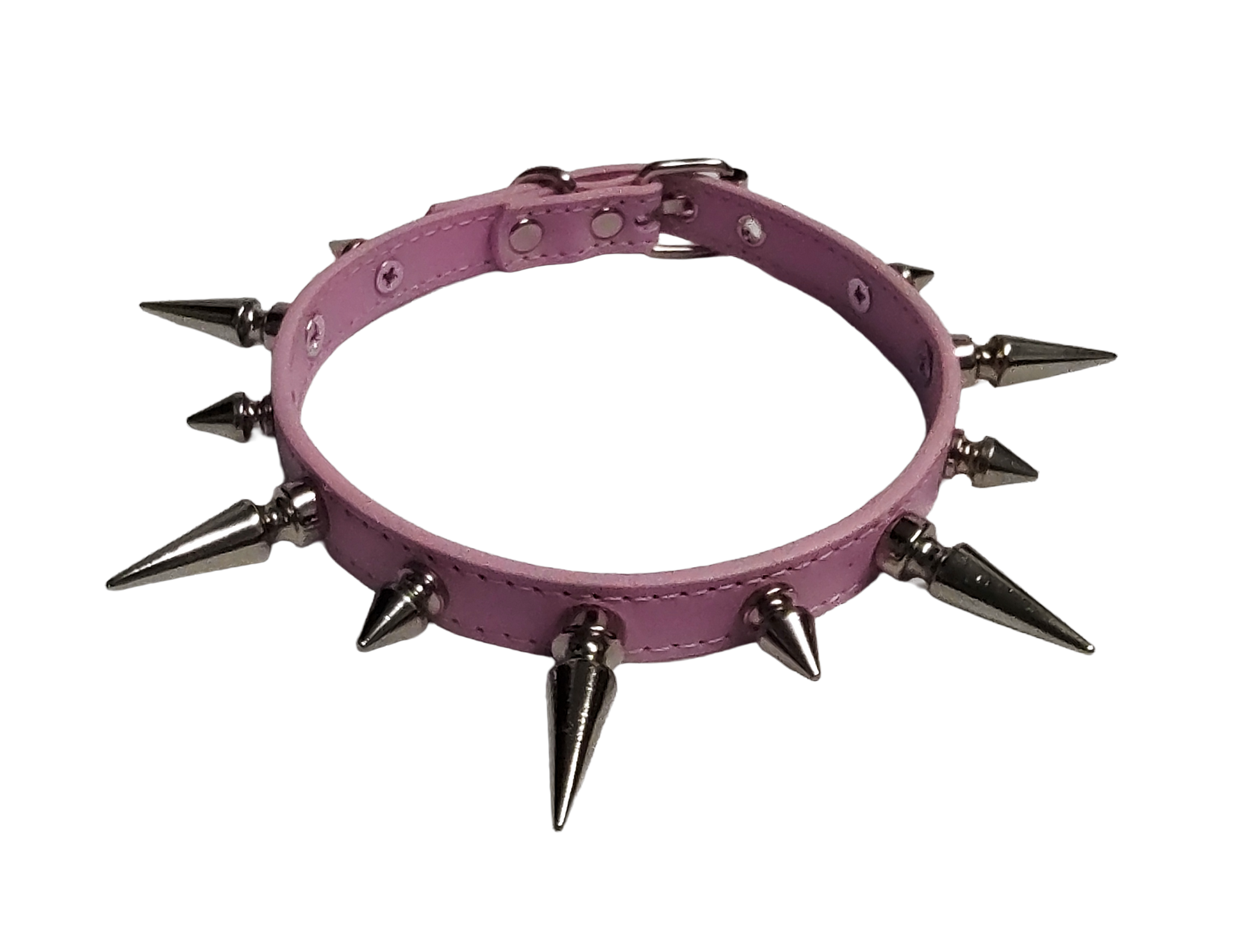 Pink faux leather spiked collar with alternating spikes top view