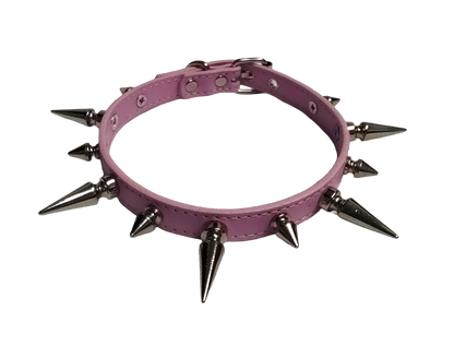 Pink faux leather spiked collar with alternating spikes top view