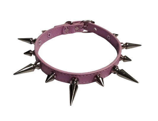 Pink faux leather spiked collar with alternating spikes top view