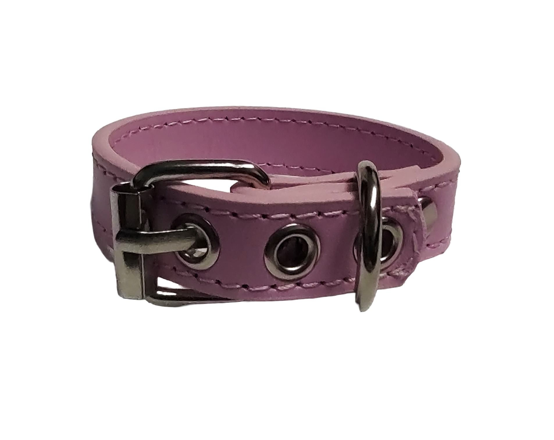 Pink faux leather cuff bracelet with buckle and eyelets back view