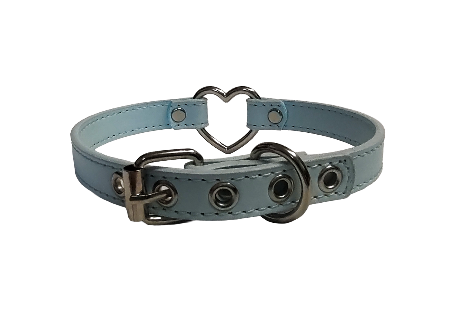 Ice blue faux leather heart ring collar back view