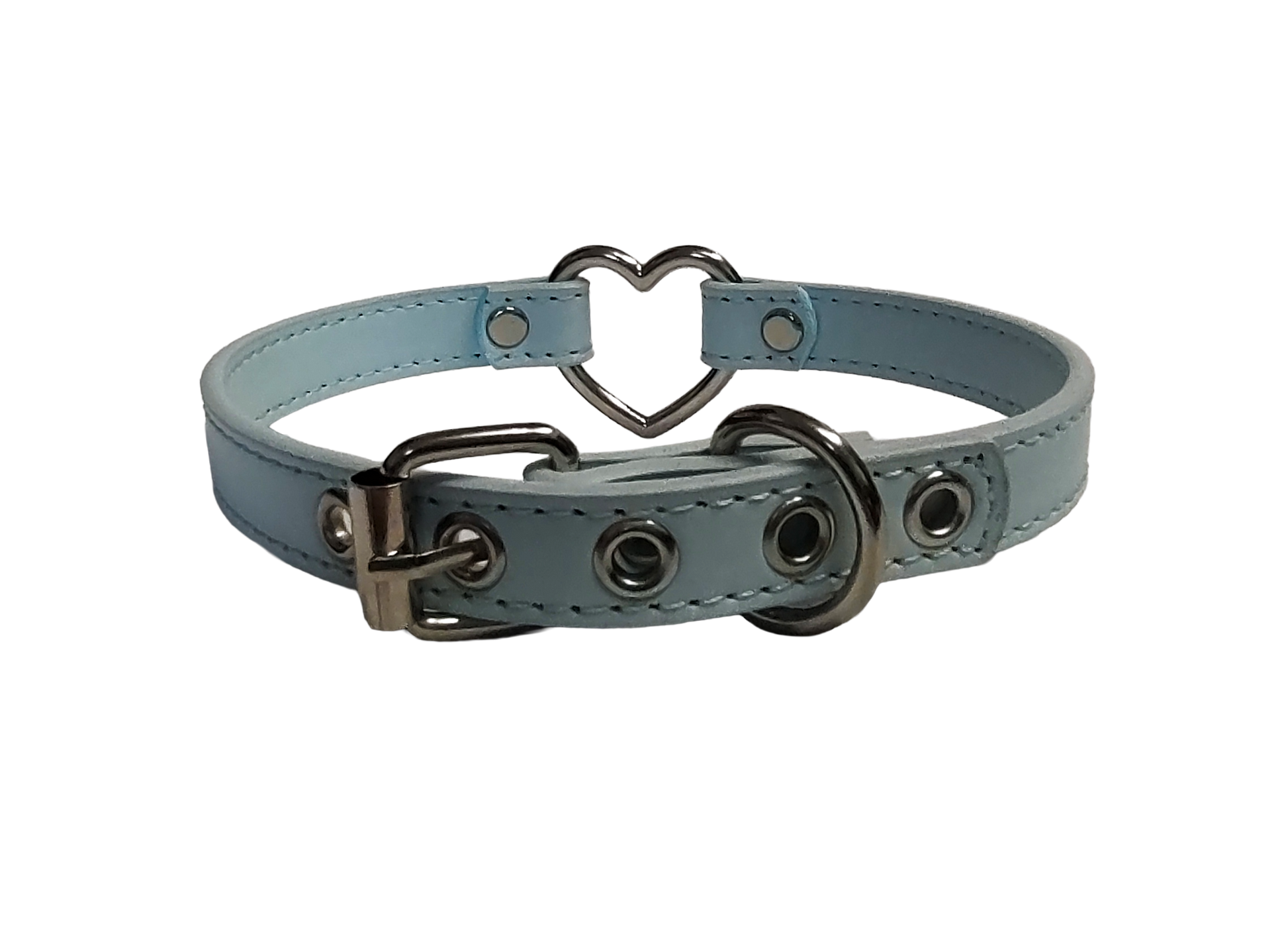 Ice blue faux leather heart ring collar back view